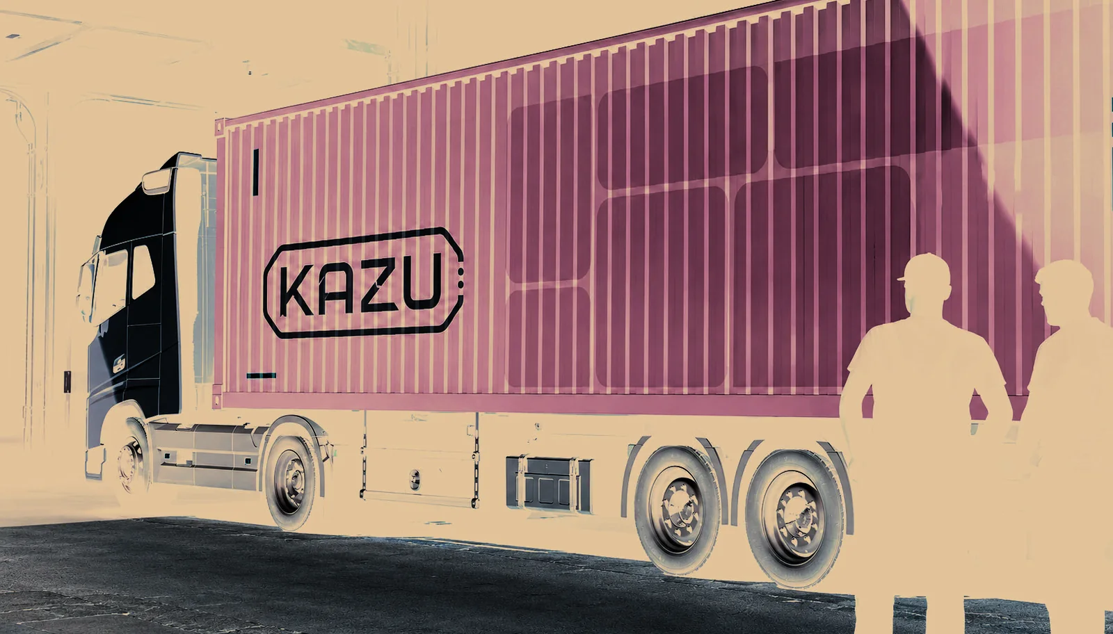 Mockup de caminhão com container KAZU, referência ao processo offsite e à logística modular.