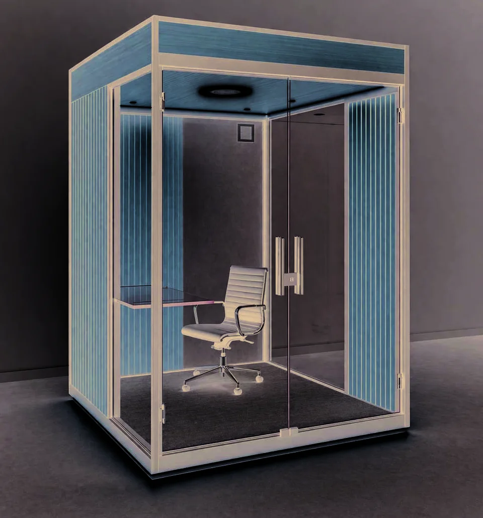 Cápsula modular KAZU para foco e trabalho, com estrutura envidraçada e interior visível.
